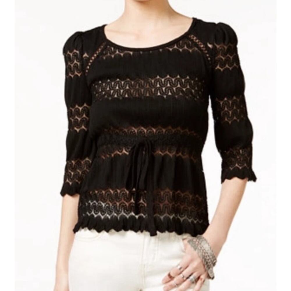 Free People Fire Island Crochet Sheer Tie Top Black Long Sleeve Womens Small